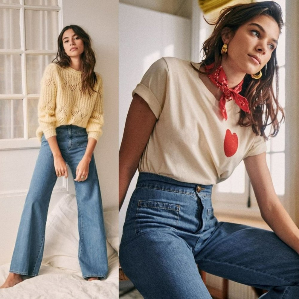 Sezane The Venice High Waisted Trousers Light Wash Wide Leg Blue Jeans